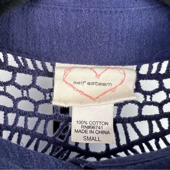 Self Esteem Navy Collar Lace Gauzy Button Down Blouse 3/4 Roll Up Sleeves Small - Picture 4 of 10